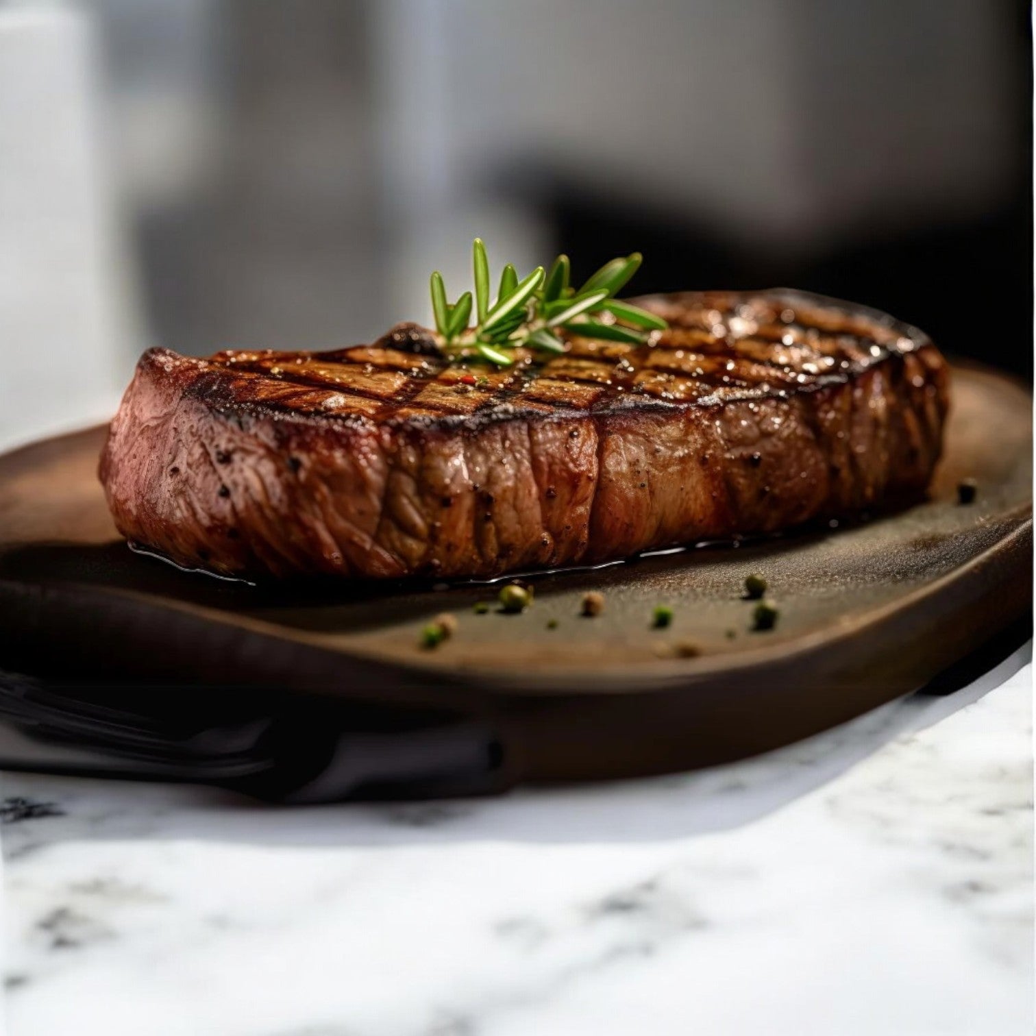 A grilled New York Strip Steak from Thomas Farms, crafted from premium quality grass-fed beef, is presented on a wooden platter and adorned with a sprig of rosemary and cracked peppercorns.