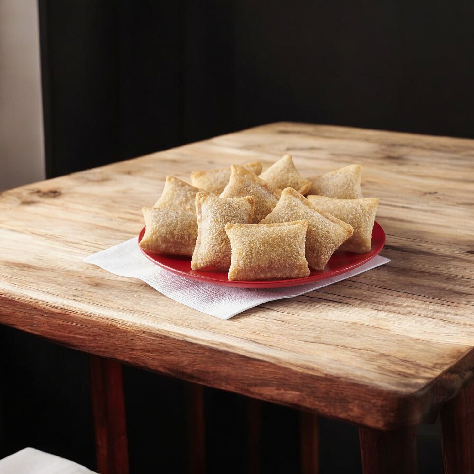 A red plate filled with square, golden-brown Easy Lunches pastries, similar to Totino's Pizza Rolls, Combination from a 79.8 oz. case (4 pack), sits on a wooden table adorned with a white napkin.