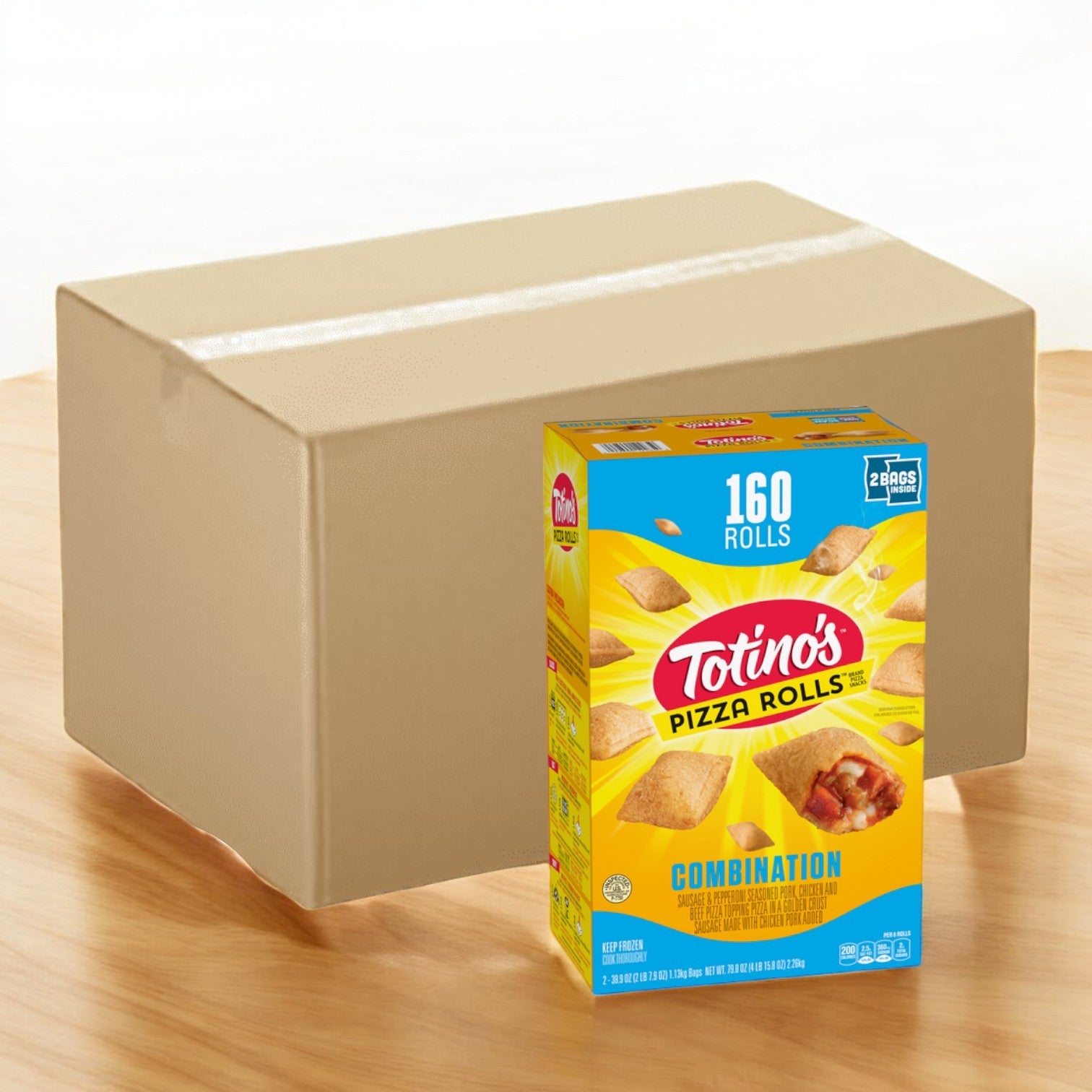 A large cardboard box sits on a wooden table, showcasing a case of Totino's Pizza Rolls by Easy Lunches. This 4 pack includes 160 combination flavor rolls, perfect for quick snacks.