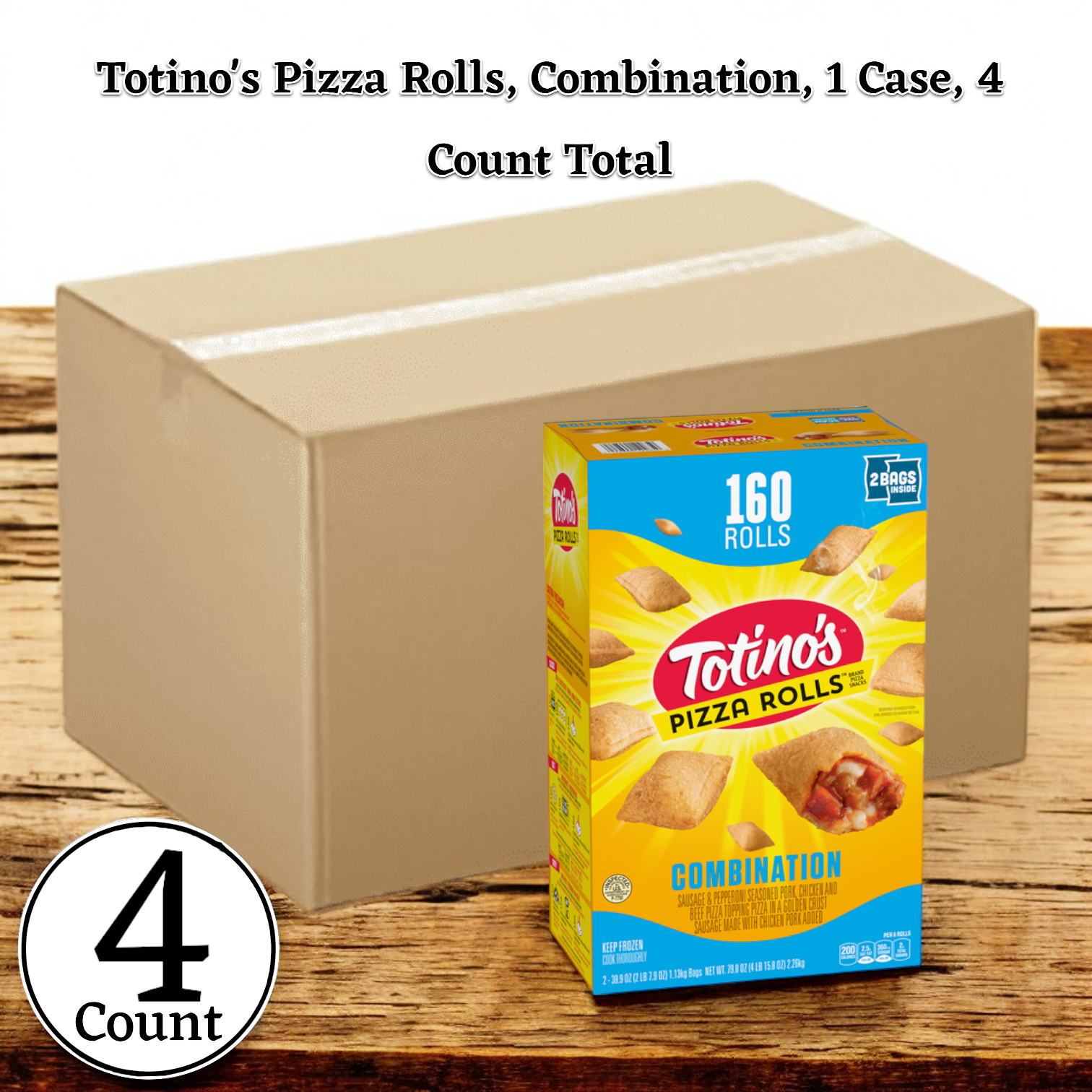 A case of Totino's Pizza Rolls, Combination flavor, 79.8 oz from Easy Lunches provides a quick and convenient snack. The large shipping box labeled "4 Pack" contains four packages, making it ideal for stocking up on your favorite bite-sized treat.