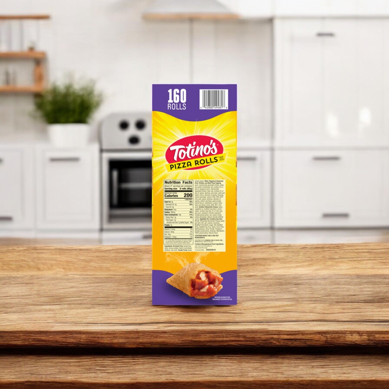 A package of Easy Lunches' Totino's Pizza Rolls Pepperoni Flavored, weighing 79.8 oz., sits on a wooden counter in a sleek, modern kitchen. These rolls promise a crispy exterior and a gooey interior. The box, containing 160 rolls, prominently displays the nutritional information.