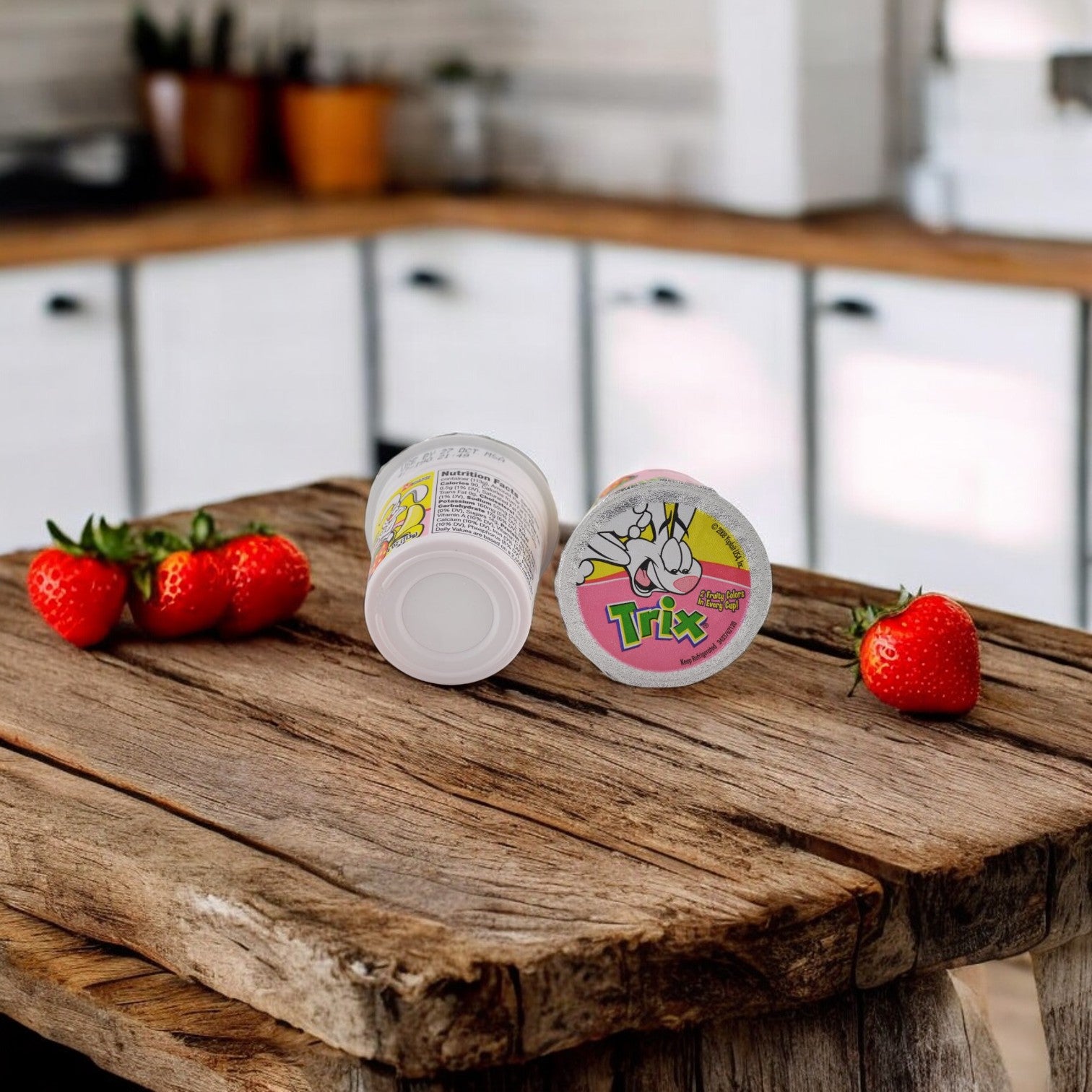 Two Yoplait Trix Strawberry Banana Bash Yogurt containers are placed on a rustic wooden table with three strawberries in a kitchen setting. This kid-approved snack has no high fructose corn syrup and boasts a delightful strawberry banana flavor.