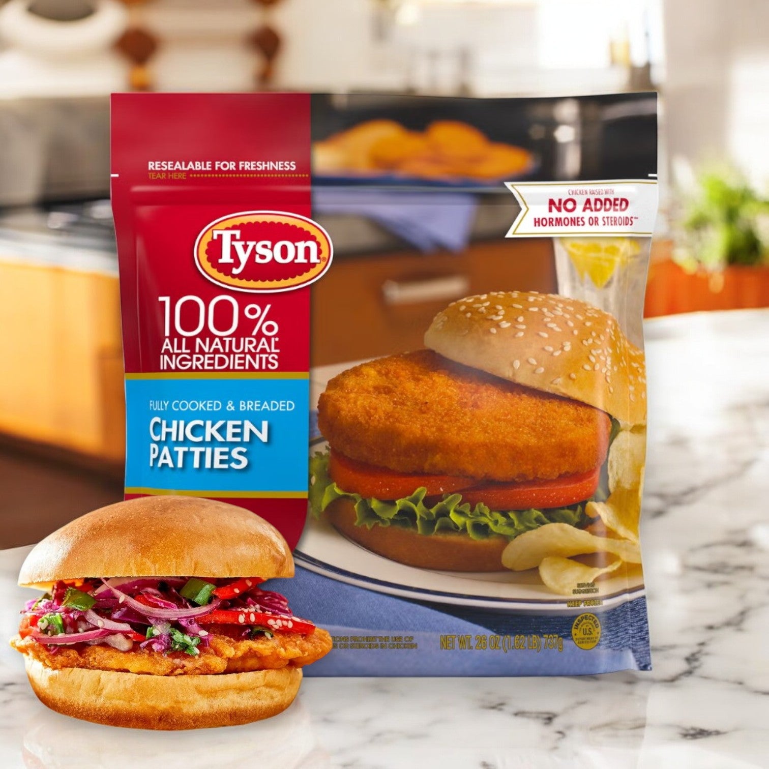 A 26 oz bag of Tyson Breaded Chicken Patties, made with fully cooked all-white meat, sits on the kitchen counter next to a chicken sandwich garnished with fresh vegetables.