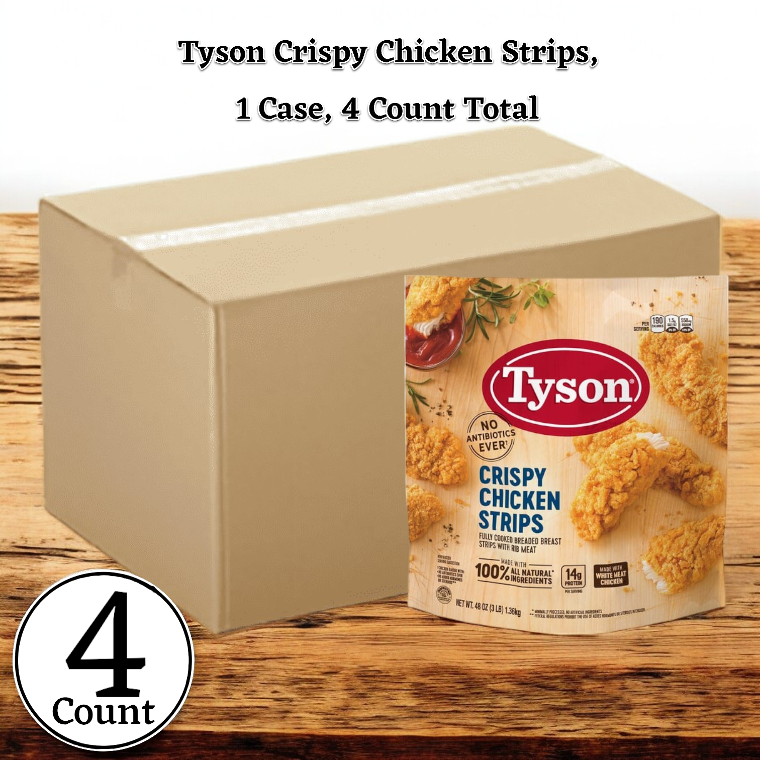 A box of Tyson Crispy Chicken Strips, with a bag on display, features these tasty strips made from all-white meat chicken and raised without antibiotics. The packaging notes "48 oz., 1 Case, 4 Pack" from the brand Tyson.