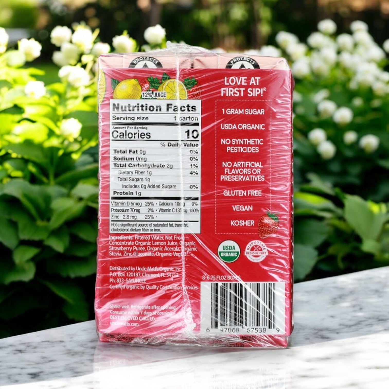 Enjoy Uncle Matt's Organic No Sugar Added Strawberry Lemonade Juice Boxes—immune-supportive with 1 gram sugar, USDA organic, free from synthetic pesticides, artificial flavors or preservatives; gluten-free, vegan, and kosher.