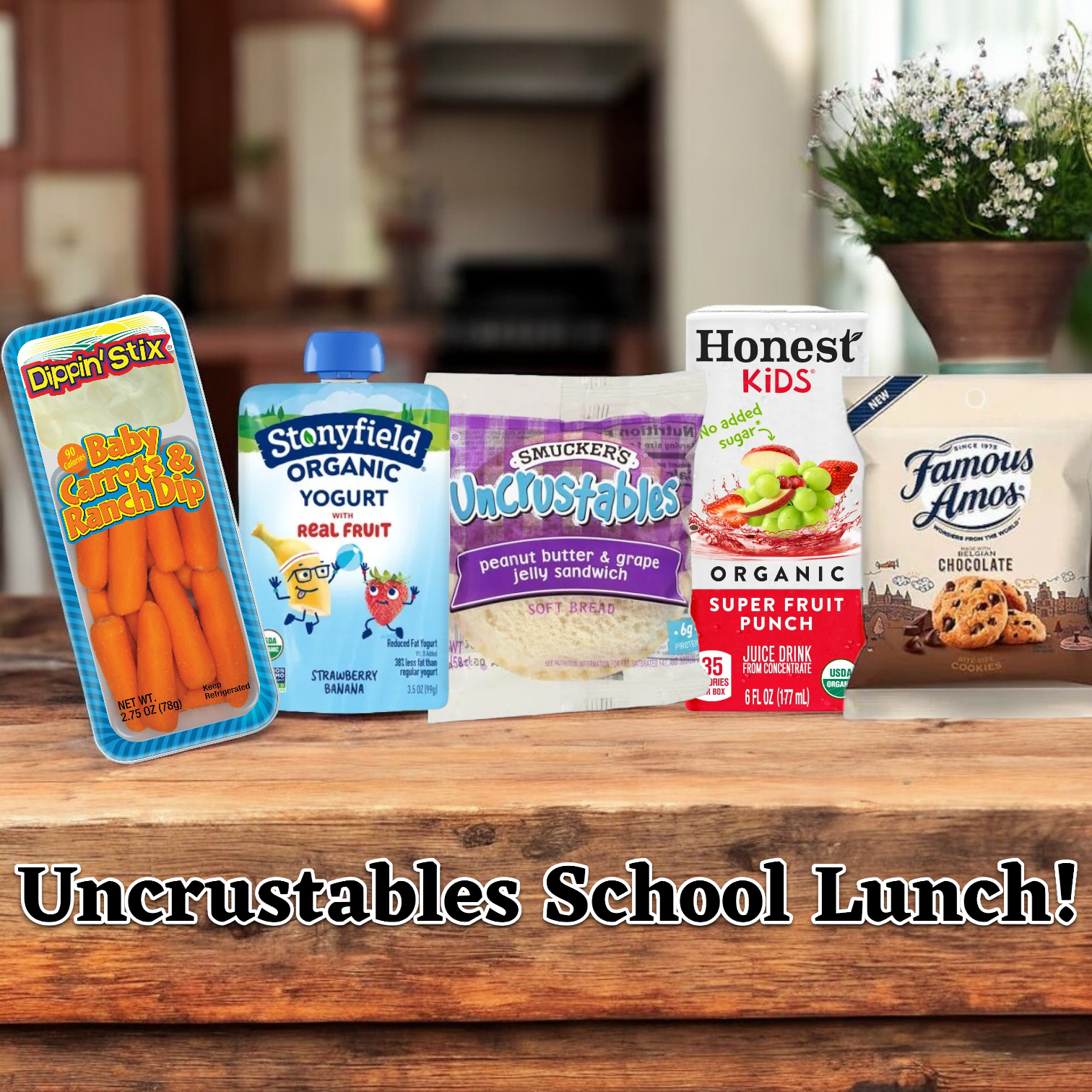 Introducing Uncrustables School Lunch from Easy Lunches! This nutritious meal includes 1 Dippin Carrot & Ranch Stix, 1 Stonyfield Strawberry & Banana Yogurt, 1 Grape Jam Uncrustable, an Honest Kids Fruit Punch Juice Box, and Famous Amos Cookies. With five wholesome items, it's perfect for healthy eating on the go!