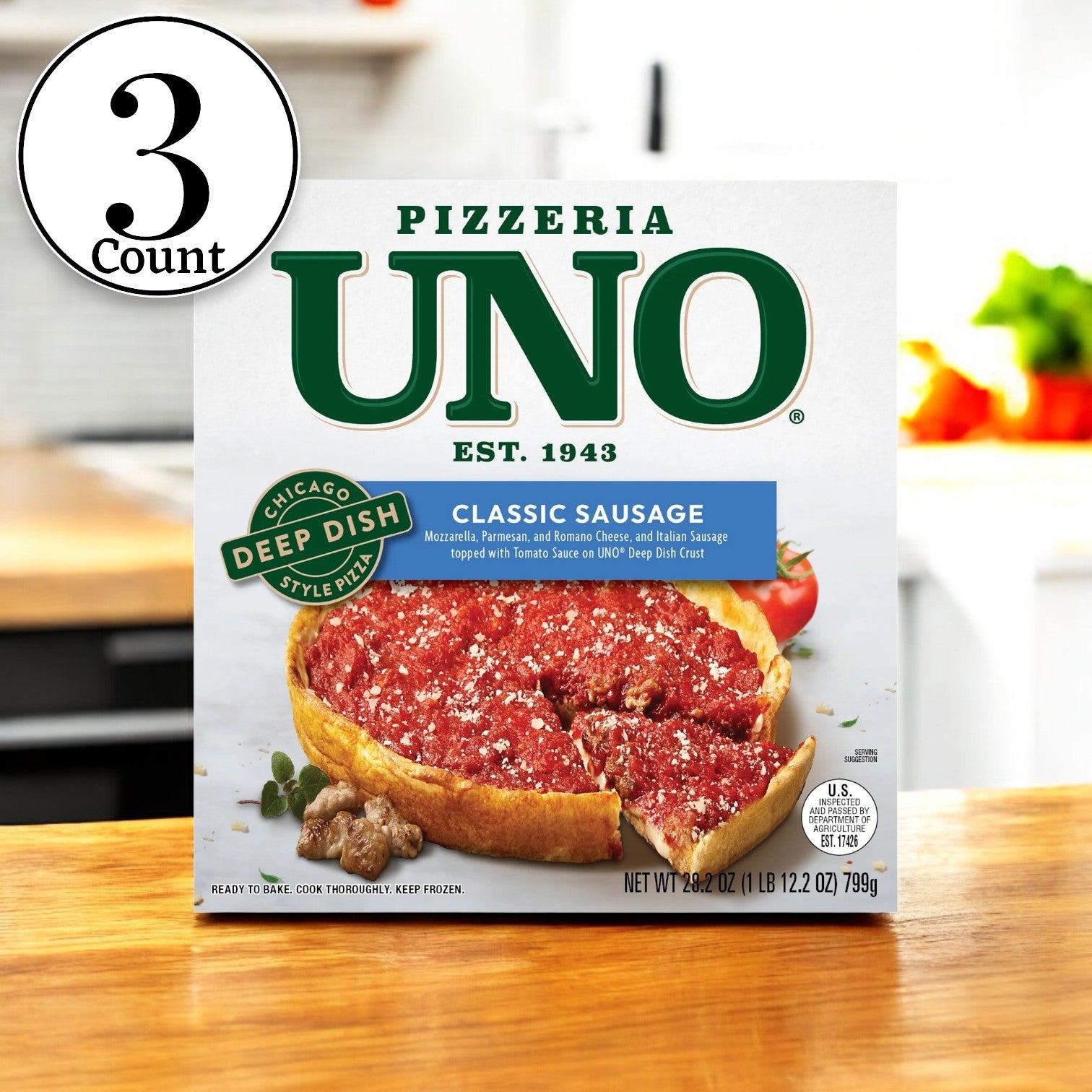 Pizzeria Uno 9 Inch Chicago Style Deep Dish Classic Sausage Pizza, Tomato Sauce, 28.2 oz. - 3 Box