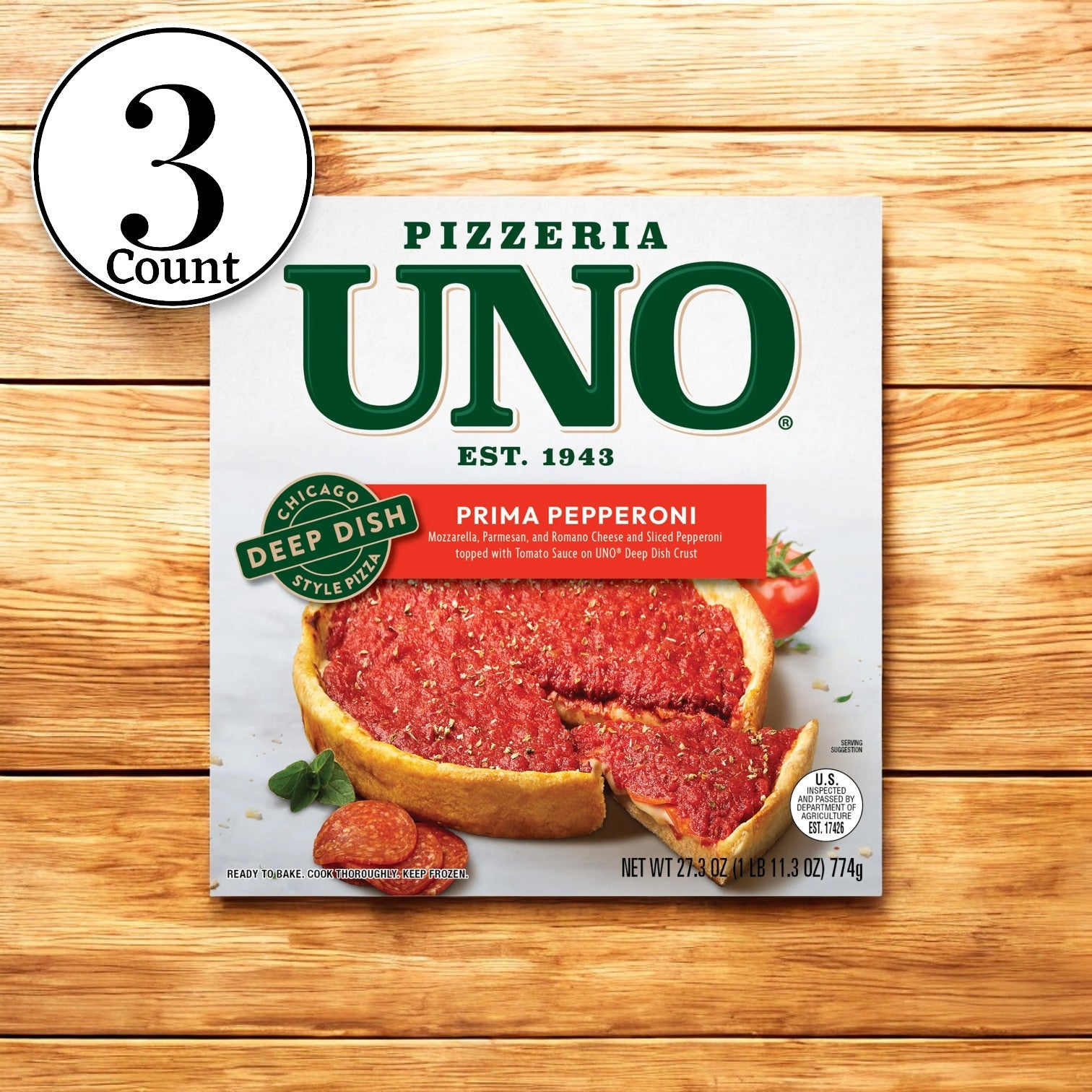 Pizzeria Uno 9in Chicago Style Deep Dish Prima Pepperoni Pizza, Tomato Sauce, 27.3 oz. - 3 Boxes