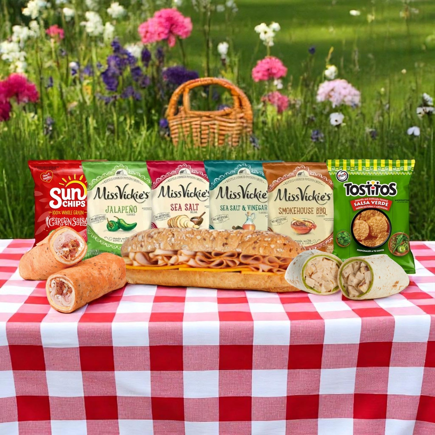 The E.A. Sween 10-Pack Wrap & Sub Sandwich Bundle with 10 Assorted Snack Chips is displayed outdoors on a red-and-white checkered tablecloth, accompanied by flowers and a picnic basket in the background.