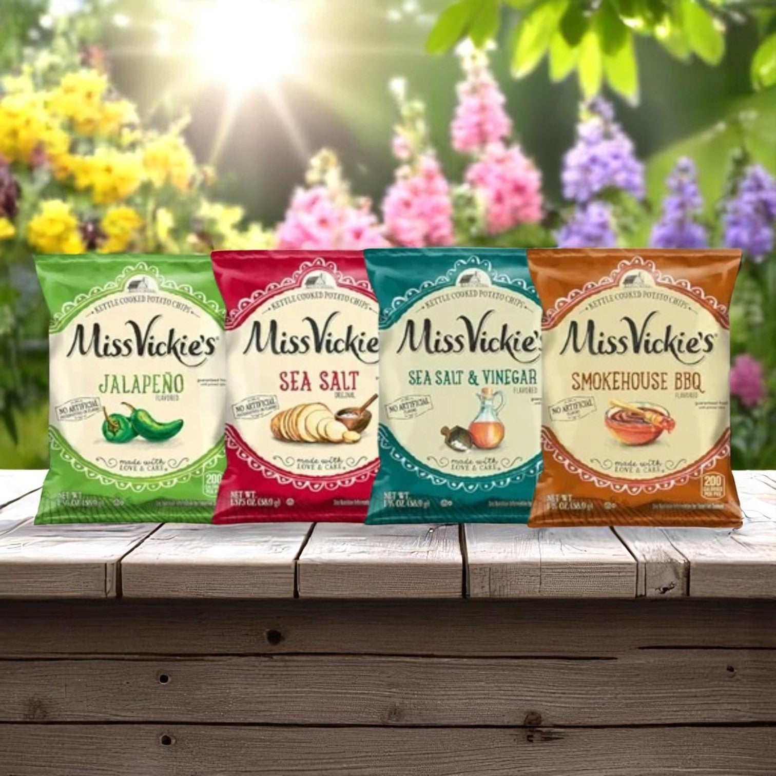 Four Miss Vickie's chip bags—Jalapeño, Sea Salt, Sea Salt & Vinegar, and Smokehouse BBQ—sit on a wooden table with flowers, perfect alongside the E.A. Sween 10-Pack Wrap & Sub Sandwich Bundle with 10 Assorted Snack Chips.