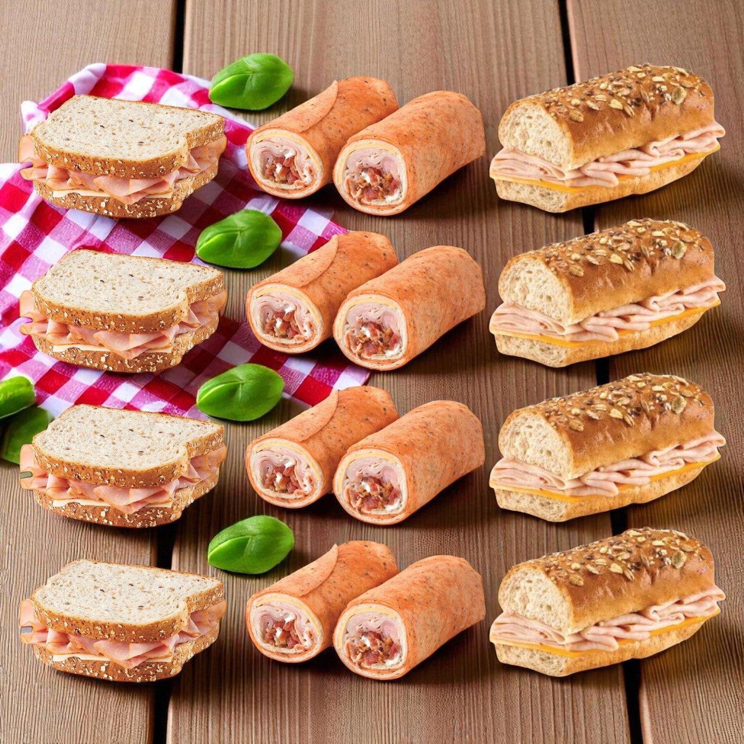 Three stacks of Easy Lunches’ Variety Sandwich Pack! 9 Items!—handcrafted sandwiches and Italian-style wraps—are neatly arranged on a wooden surface with a red checkered cloth and basil leaves.