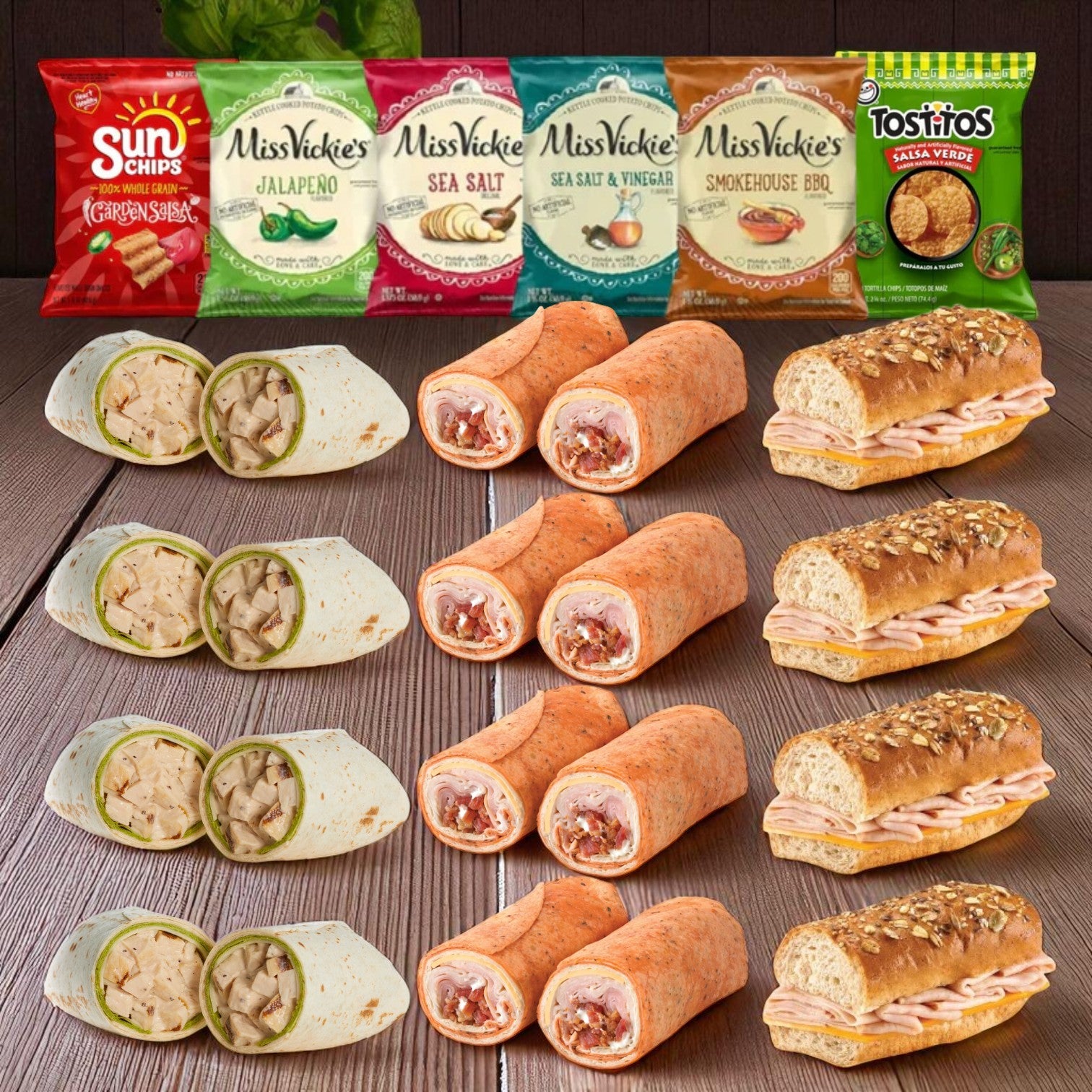 The E.A. Sween 10-Pack Wrap & Sub Sandwich Bundle with 10 Assorted Snack Chips is displayed on a wooden surface—ideal for a quick grab-and-go meal or convenient office lunch catering.