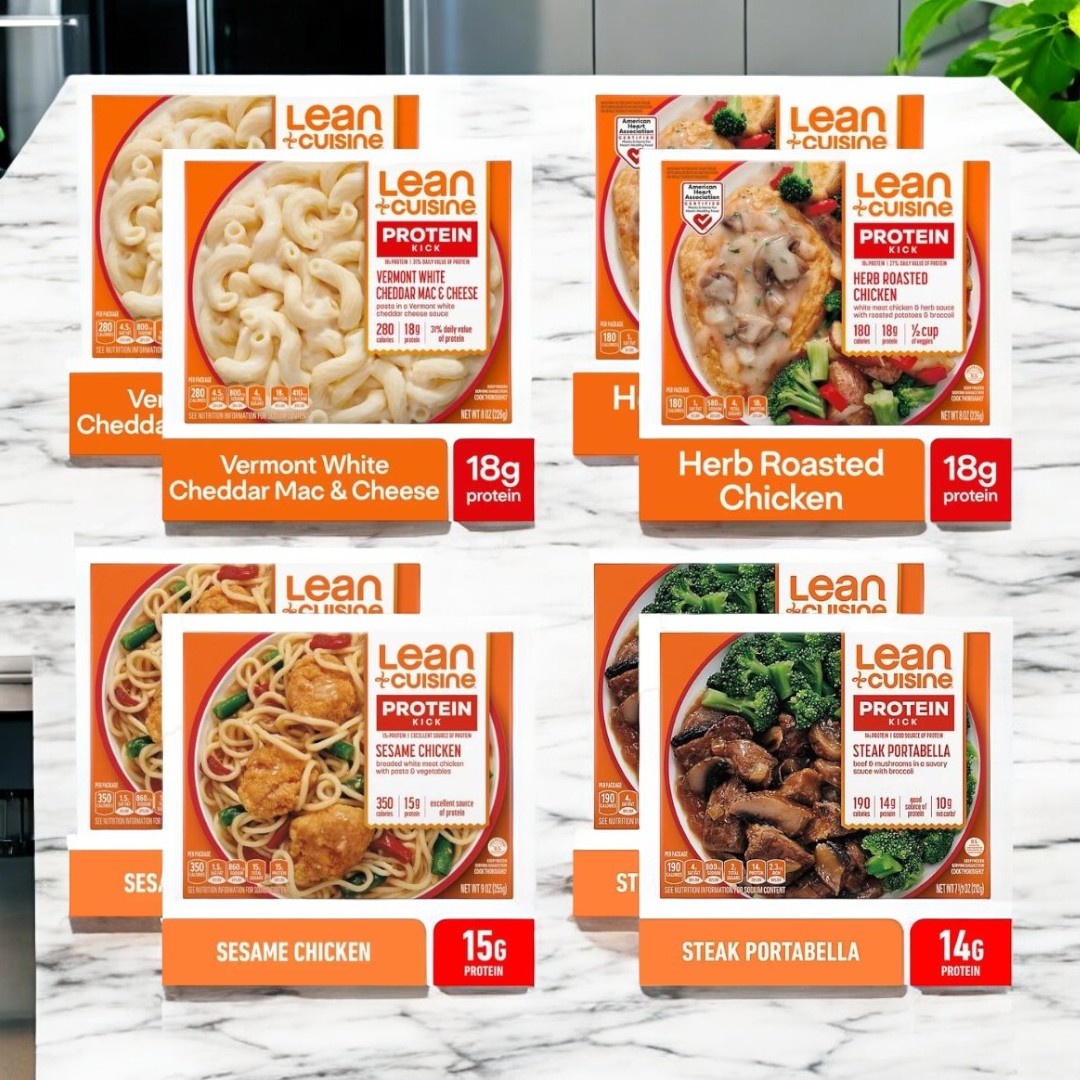 Image of the Lean Cuisine Meal Pack from Easy Lunches on a marble countertop, featuring 2 Vermont White Cheddar Mac & Cheese, 2 Herb Roasted Chicken, 2 Sesame Chicken, and 2 Steak Portabella meals for a total of 8 meals.