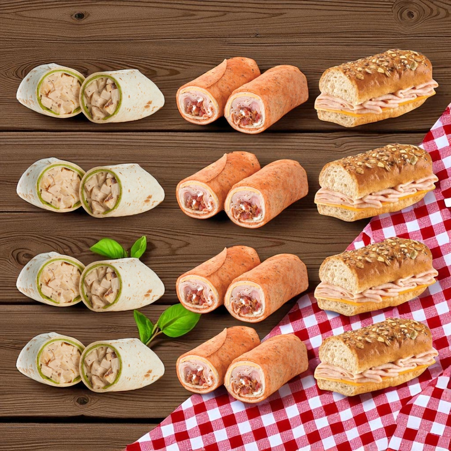 E.A. Sween’s Sandwich Variety Bundle features 10 total items—Turkey Club, Chicken Caesar Wraps, and Smoked Turkey Subs—displayed on a checkered tablecloth, perfect for office catering.