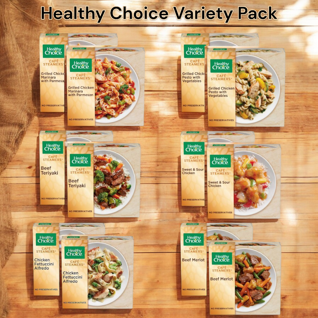 A wooden table displaying the Easy Lunches Healthy Choice Variety Pack with 12 different microwave meals, including flavorful options like Grilled Chicken Marinara with Parmesan, Grilled Chicken Pesto with Vegetables, Beef Teriyaki, Sweet & Sour Chicken, Chicken Fettuccini Alfredo and Beef Merlot. Perfect for those seeking convenient meals without compromising taste.