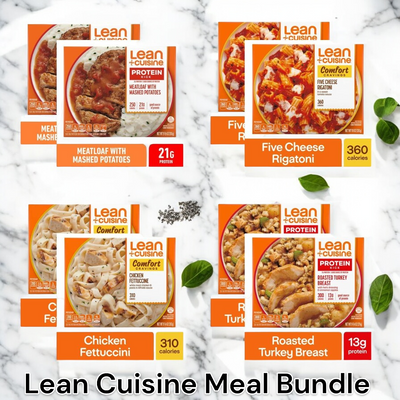 Assortment of Easy Lunches Lean Cuisine Meal Bundle on a white surface, featuring 2 Meatloaf with Mashed Potatoes, 2 Five Cheese Rigatoni, 2 Chicken Fettuccini, and 2 Roasted Turkey Breast for a total of 8 meals.