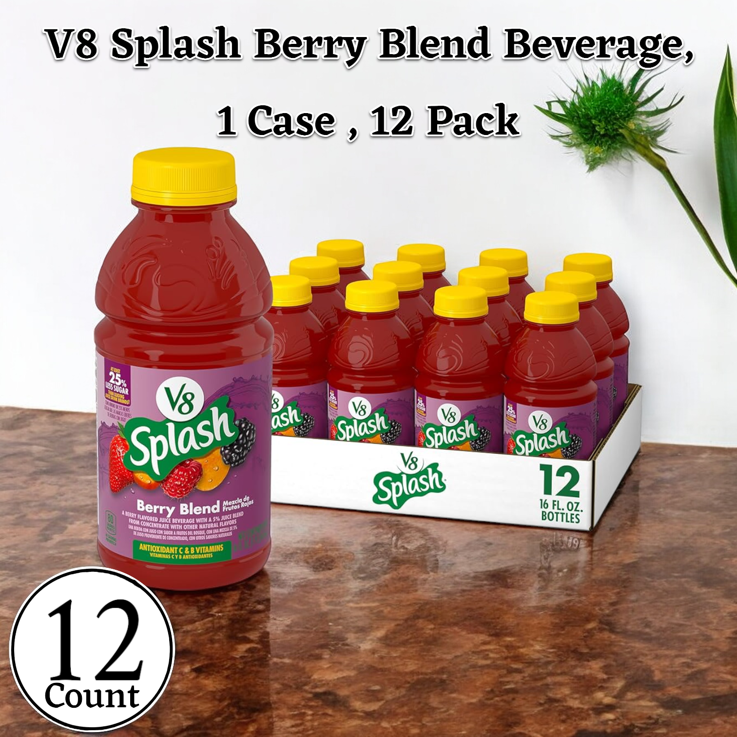 A 12-pack case of V8 Splash Berry Blend Beverage, featuring 16 fl oz bottles packed with vitamins, displayed on a wooden surface.