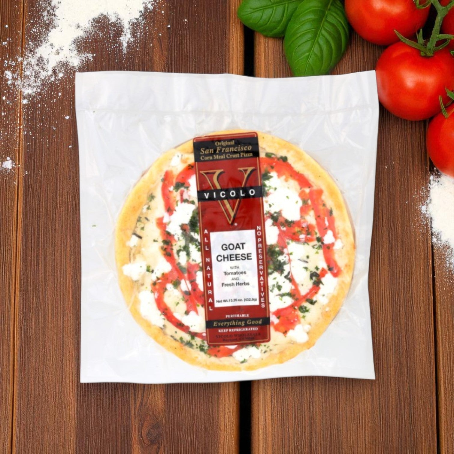 Vicolo Corn Meal Crust Pizzas – Goat Cheese with Tomatoes & Fresh Herbs (15.25 oz), Roasted Mushroom (15 oz), and Italian Sausage with Roasted Onions (15.75 oz)