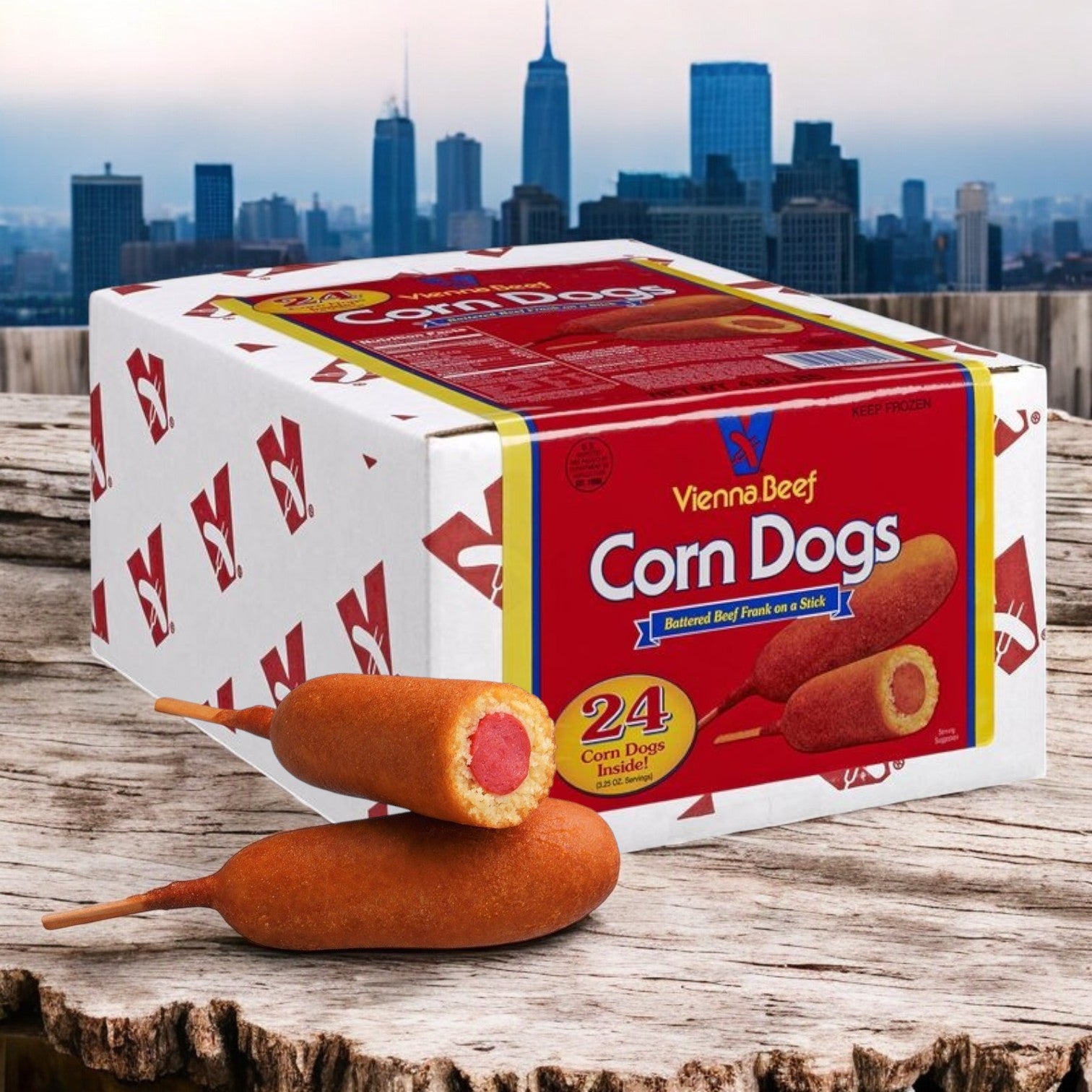 A package of Vienna Beef Corn Dogs 3.25 oz., 24 count, displays two corn dogs in front, coated in a golden cornmeal batter, against a city skyline backdrop.