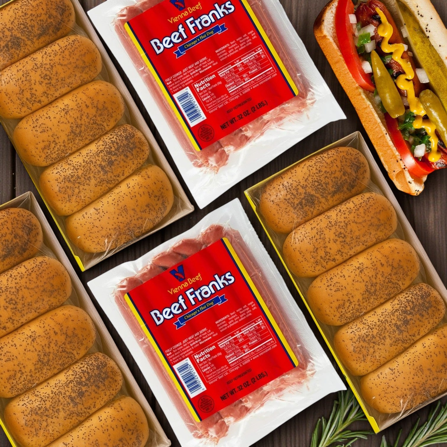 Vienna Beef Franks & Poppy Seed Bun Combo – 32 Franks & 30 Buns