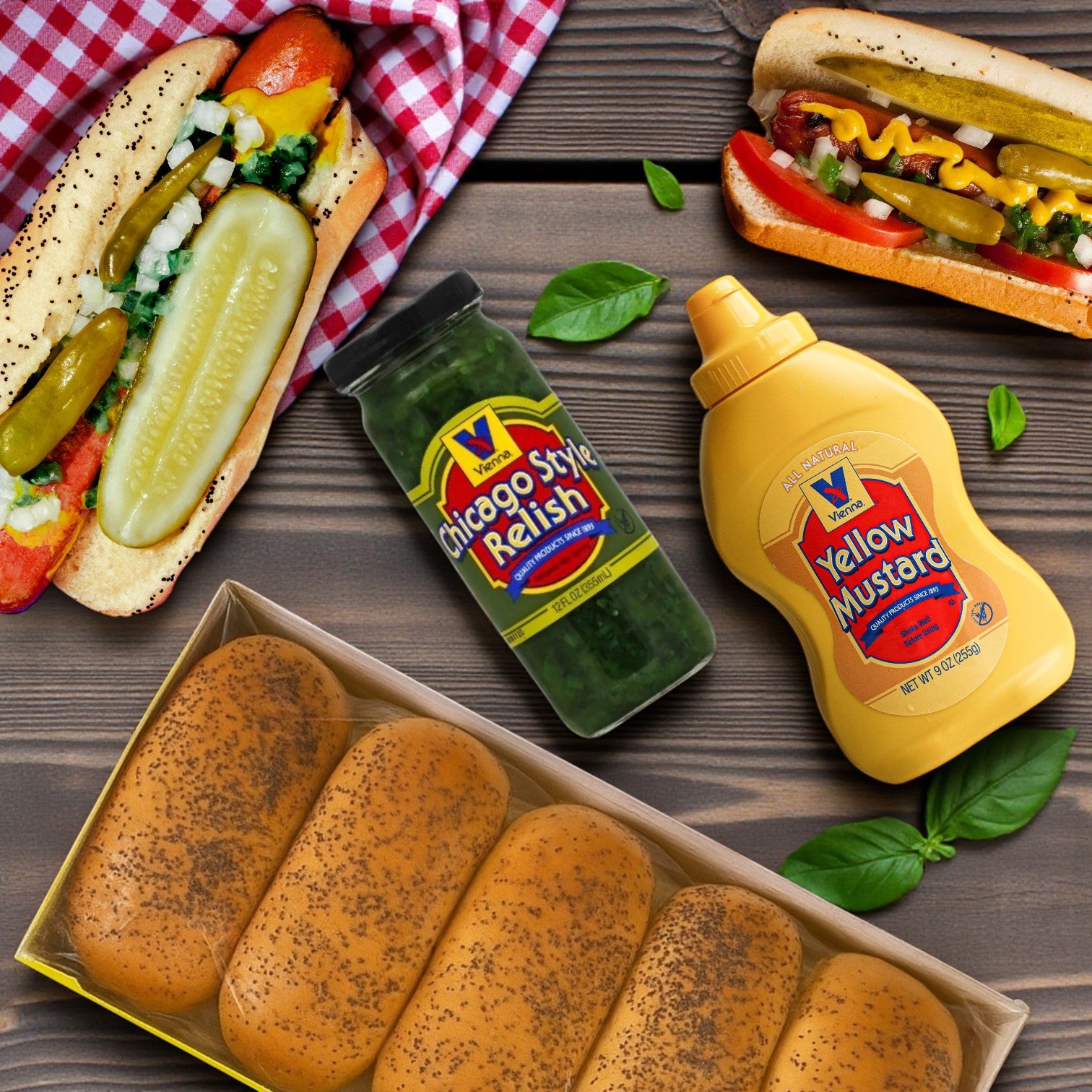 Vienna Beef Hot Dog Kit – 25 Franks, Poppy Seed Buns, Mustard & Relish