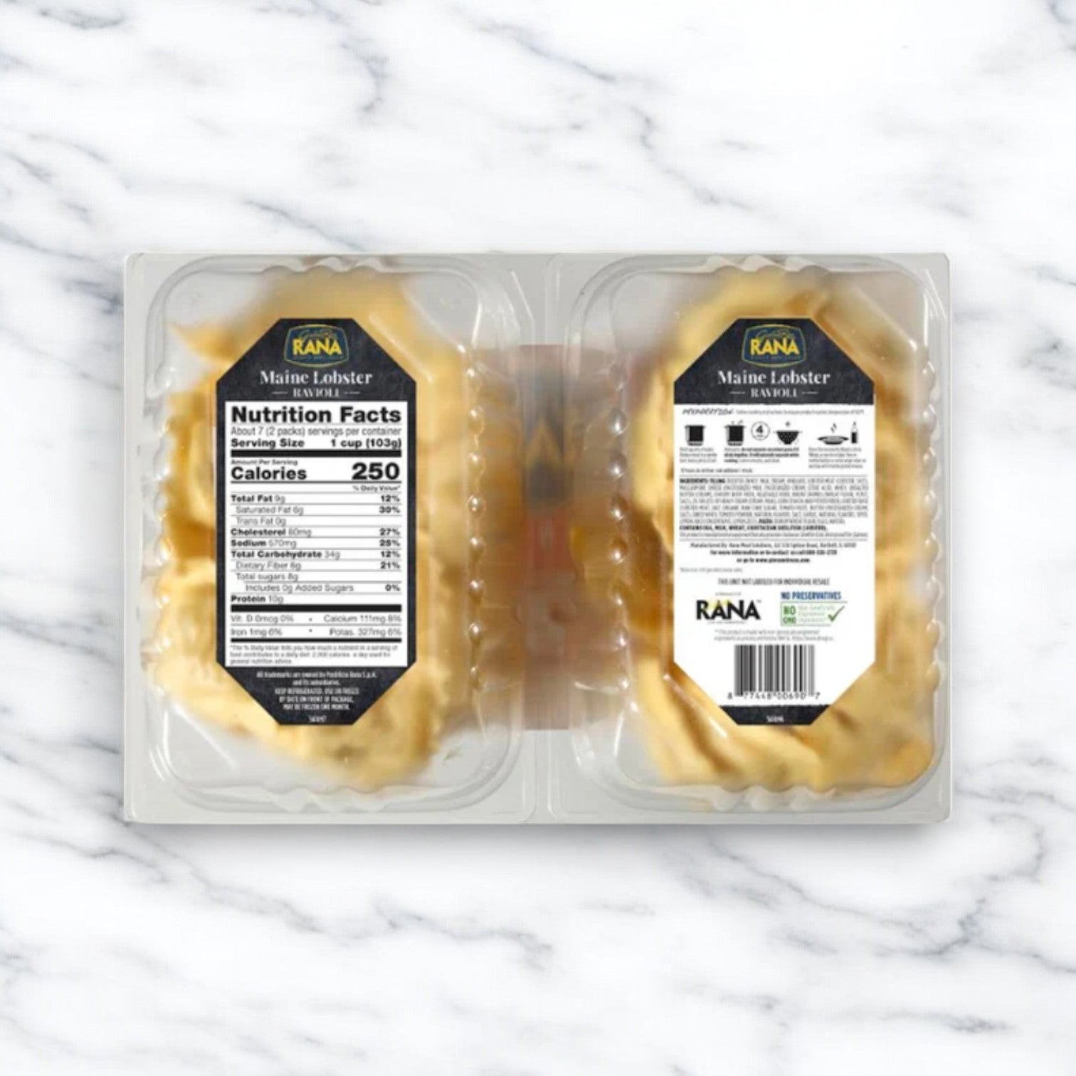 A 26 oz, 2-pack of Giovanni Rana Maine Lobster Ravioli is displayed on a marble background, highlighting the premium ravioli along with nutrition facts and product information on the labels.