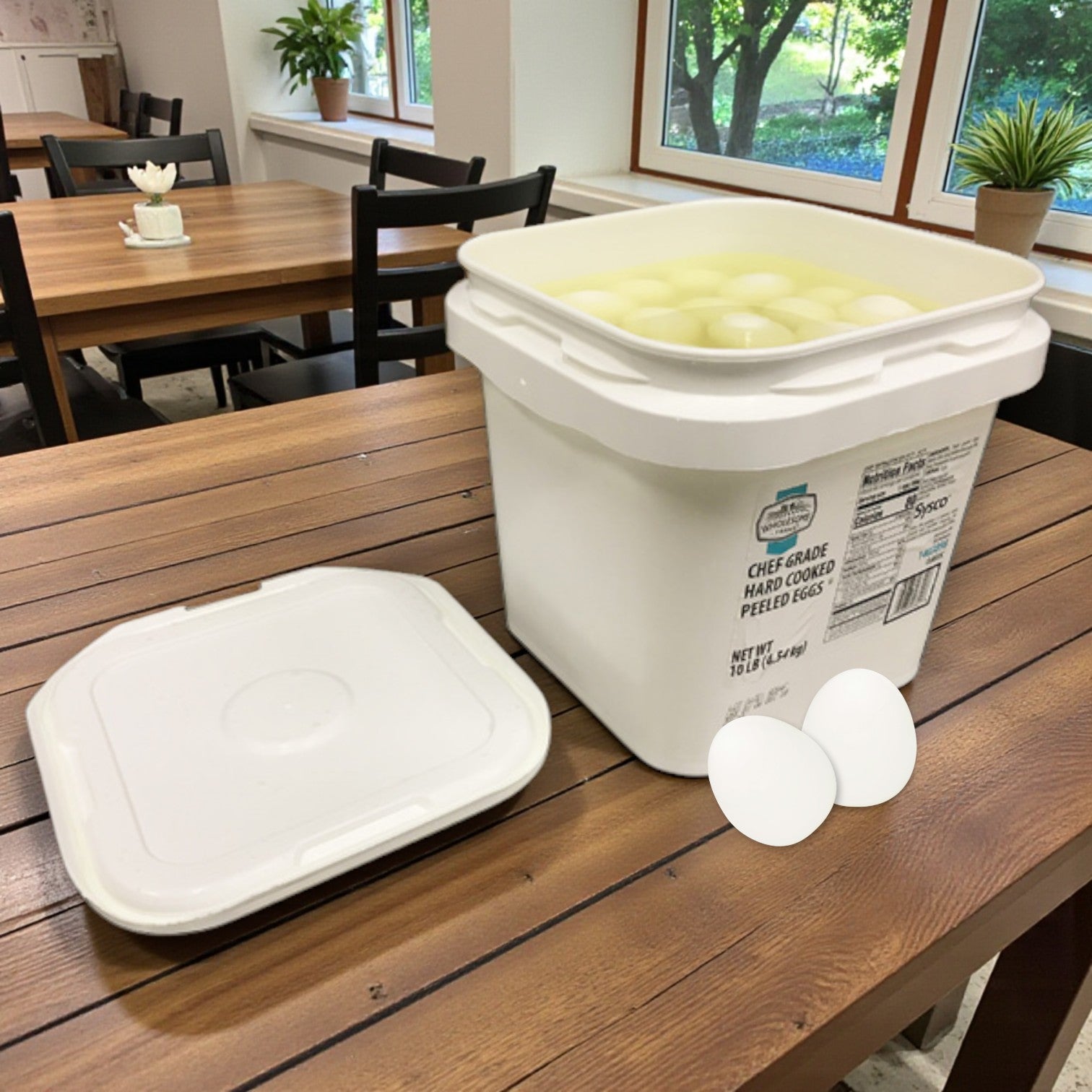 A 10 lb container of Sysco Wholesome Farms Classic Hard-Boiled Whole Peeled Eggs sits open on a wooden table in a dining area with windows and chairs.
