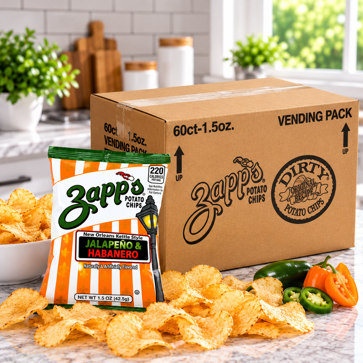 Zapp's Hotter 'N Hot Jalapeño New Orleans Kettle Style Potato Chips – 60 × 1.5 oz Bags  ( 1 case )