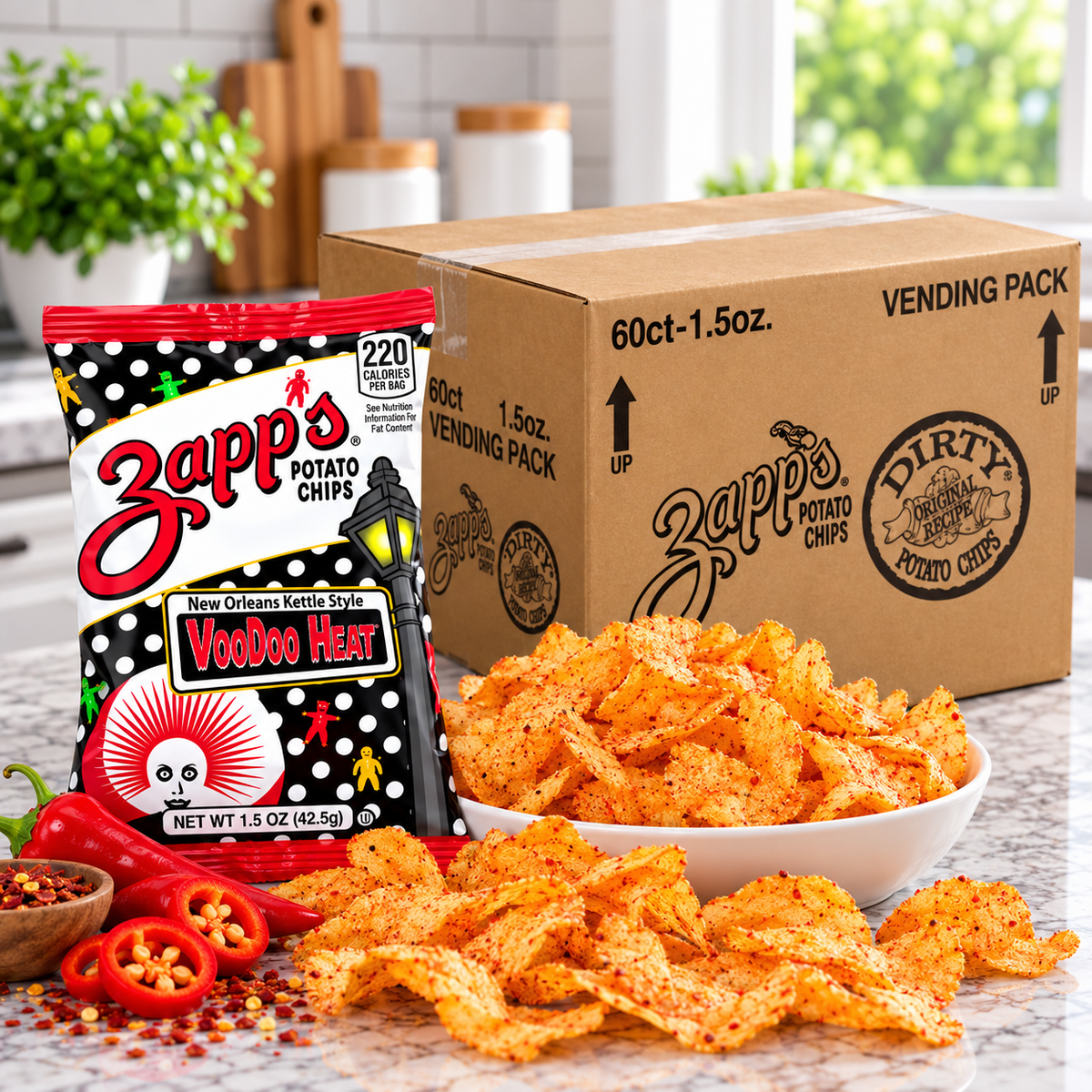 Zapp's New Orleans Kettle Style Voodoo Heat Potato Chips – 60 × 1.5 oz Bags 1 case
