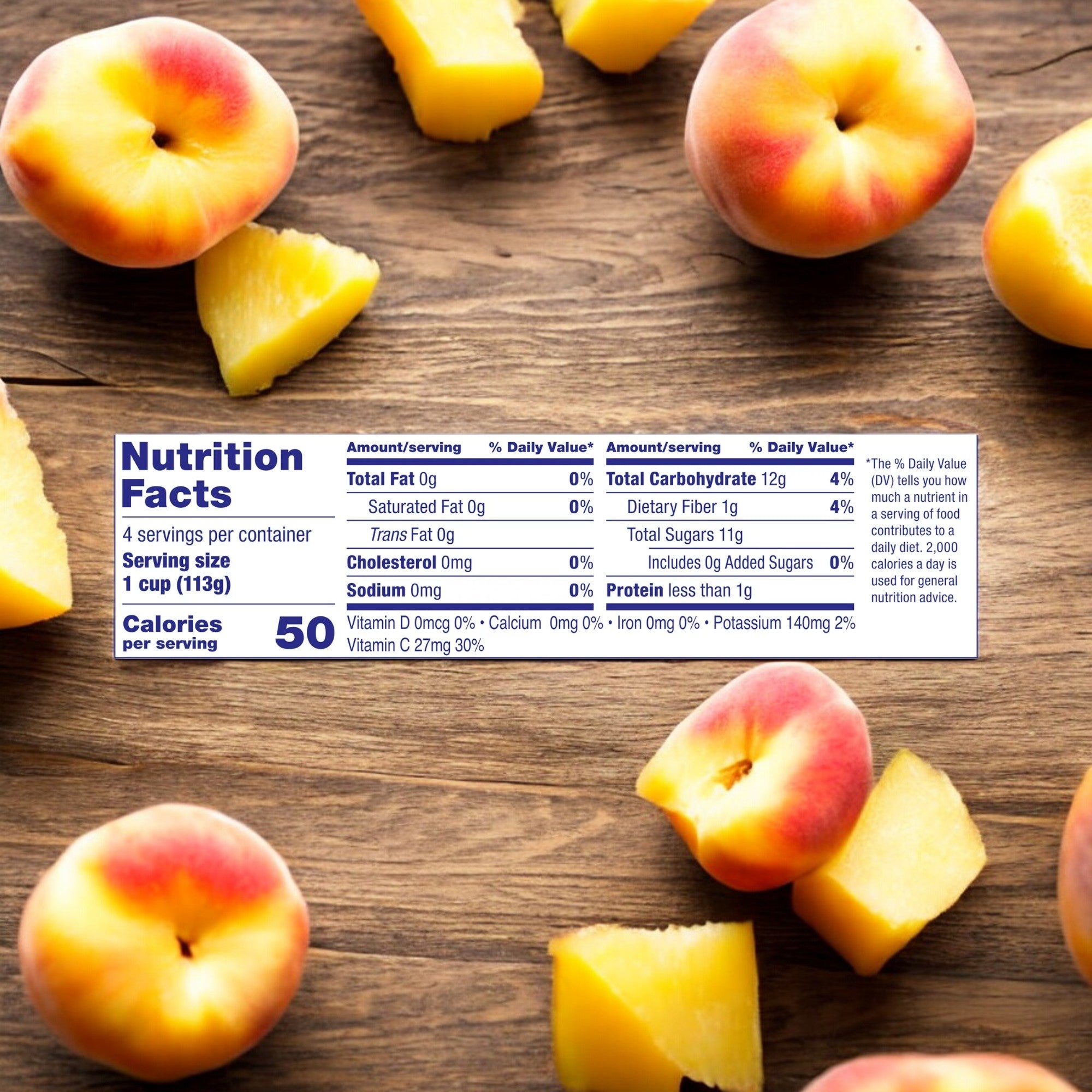 A nutrition facts label shows nutritional information for a food product with sliced peaches in the background. Featuring Dole Fruit Bowls Diced Peaches in 100% Fruit Juice, 4 oz (4 Cups), the label indicates serving size, calories, and amounts of fats, carbs, proteins, and other nutrients.