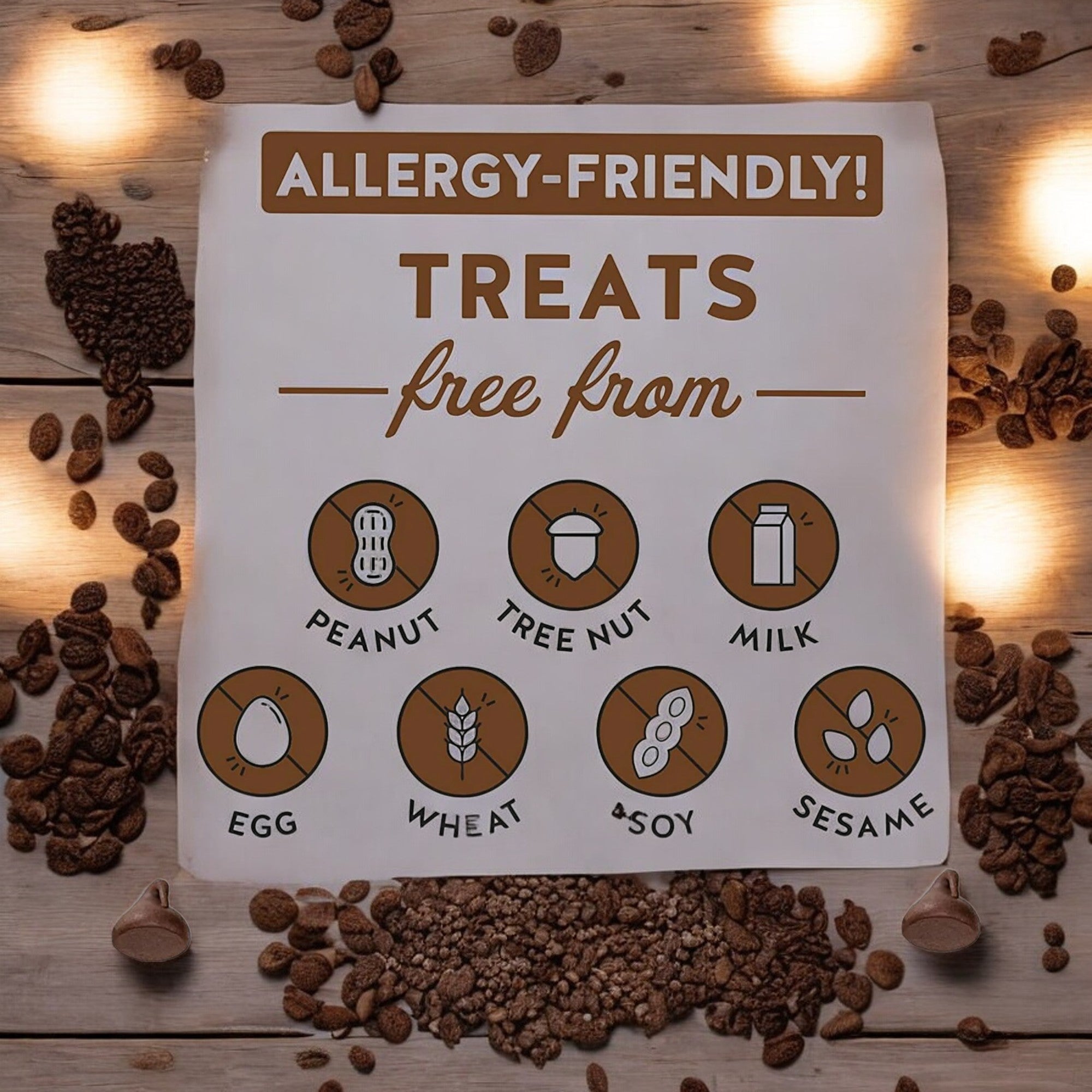 A sign reading "Blake's Allergy-Friendly Treats Free From" and displaying icons indicating the absence of peanut, tree nut, milk, egg, wheat, soy, and sesame, surrounded by scattered beans and string lights.