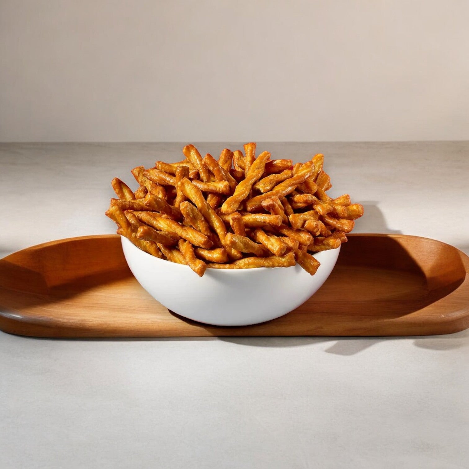 A single, 1.5oz bag of Dot's Homestyle Original Pretzels by Dot's rests on a wooden tray, offering a unique snacking experience against a plain backdrop.