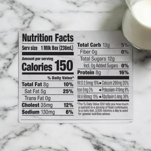 A nutrition label for an 8 oz (236ml) Horizon Organic Whole Milk - 1 Count box from the brand Horizon, containing 150 calories per serving. Main details include: 8g total fat, 35mg cholesterol, 130mg sodium, 13g total carbohydrates, 12g sugar, and 8g protein. A single-serve box of organic milk sits near a glass of milk.