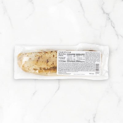 The Artisan Italian Style Sub- 1 Count by E.A. Sween is a packaged sandwich with ingredient and nutritional information displayed on the label. The clear packaging allows you to see the sandwich inside.