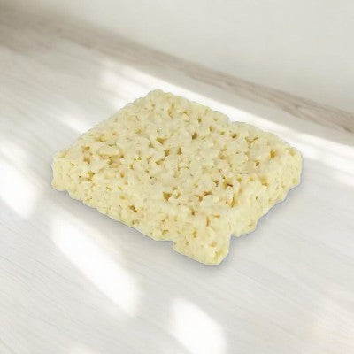 A Kellogg's Rice Krispies Treats, 0.78 oz - 1 Count, with a slightly chewy texture and made with real ingredients, is placed on a light-colored wooden surface.