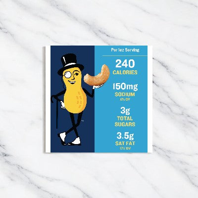 Nutritional facts label for a quality snack, Planters Cashews - 5 bags - 1.5 oz each, showcasing Mr. Peanut holding a treat. Per serving: 240 calories, 150mg sodium, 3g total sugars, and 3.5g saturated fat.