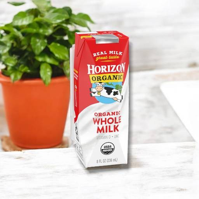 A carton of Horizon Organic Whole Milk - 8 oz- 1 Count rests on a white surface, with a potted plant visible in the background. These single-serve boxes of Horizon organic milk are perfect for convenient, healthy choices.