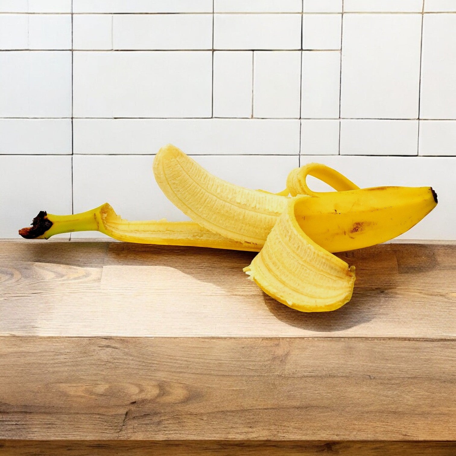 An Easy Lunches banana from the 4 lbs pack is partially peeled and resting on a wooden surface in front of a white tiled wall.