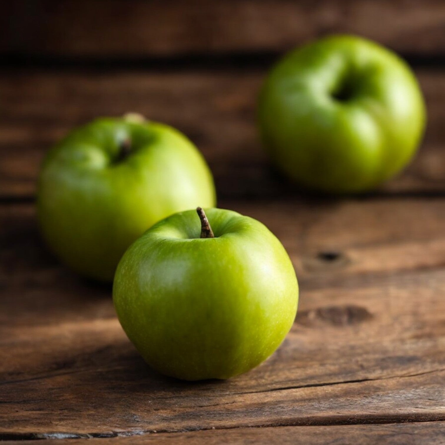 Three Organic Green New Zealand Apples from Easy Lunches on a wooden surface.