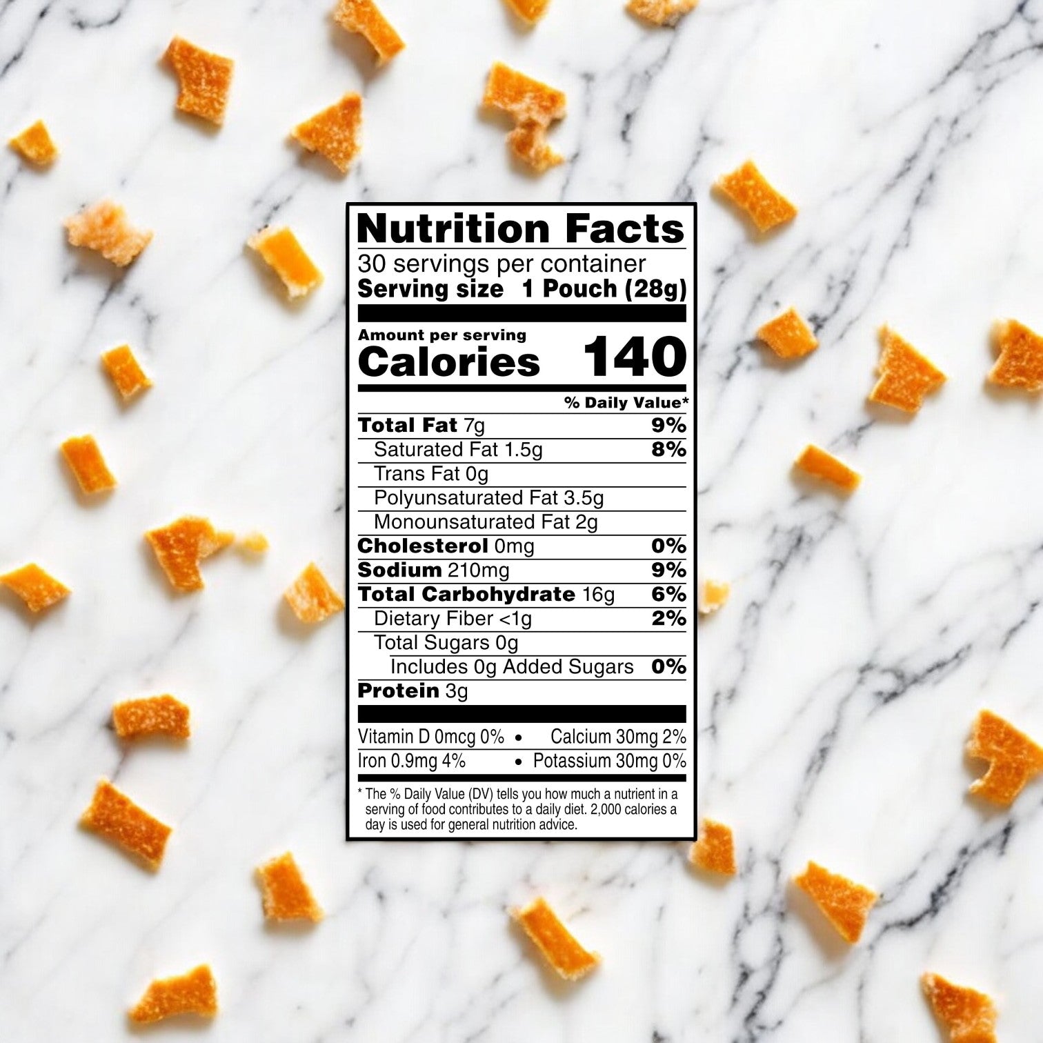 Image of the nutrition facts label for Cheez-It Crackers, Cheddar by Kellogg's, a Kosher snack containing 140 calories, 7g of total fat, 16g of carbohydrates, and 0g of added sugar per 28g serving. Pieces of the orange baked crackers are scattered on a marble surface.