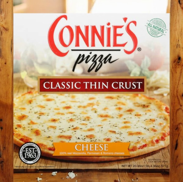 A box from Easy Lunches' Connie's Pizza Bundle! featuring an image of a cheese pizza with herbs. The packaging highlights "100% real Mozzarella, Parmesan & Romano cheeses" and "All Natural." This bundle includes Sausage & Uncured Pepperoni Pizza as well as Connie’s Pizza Cheese Classic Thin Crust, with 2 boxes of each for a total of 4 boxes.