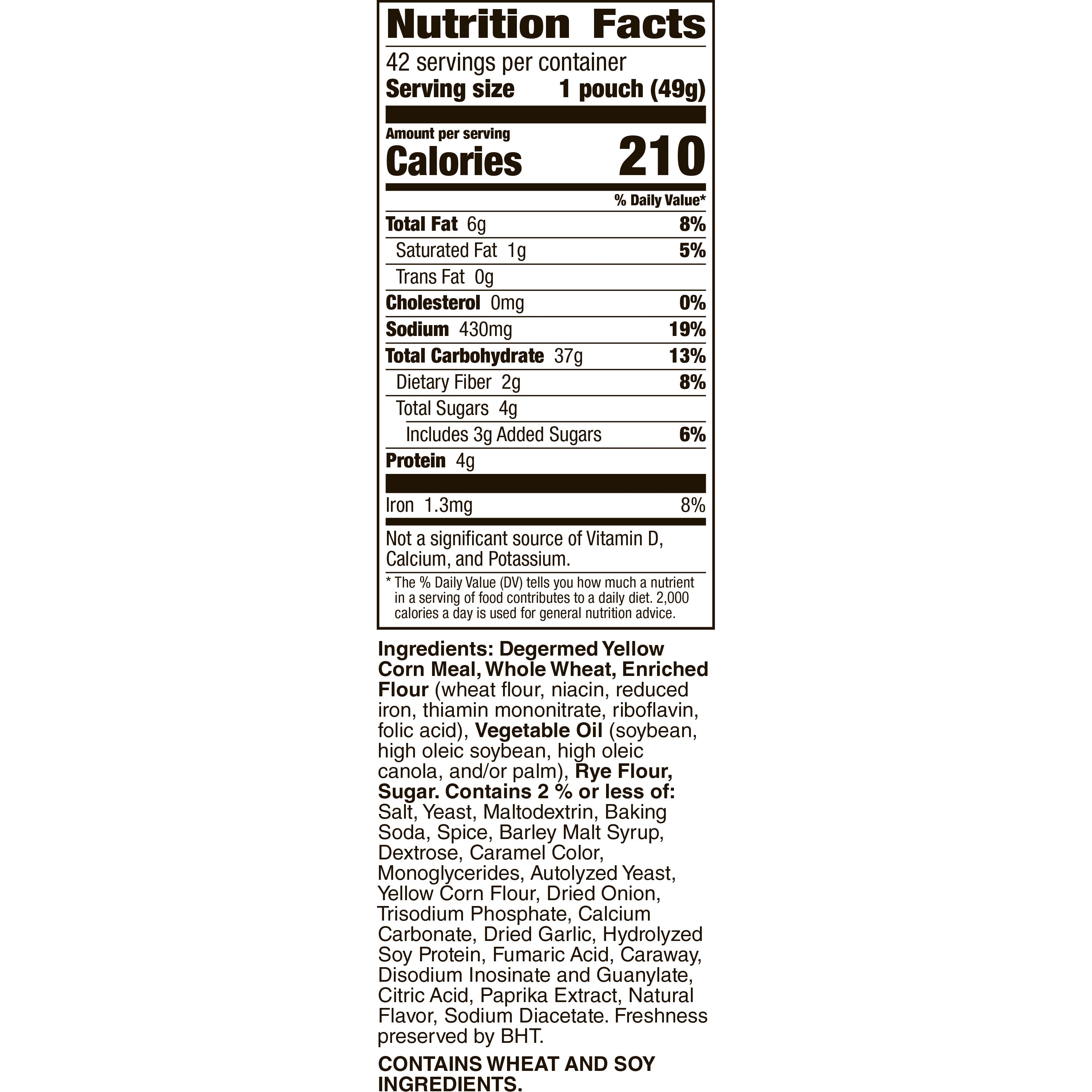 Close-up of a Nutrition Facts label for Corn Flakes, detailing serving size, calories, macronutrients, vitamins, minerals, and ingredients including cornmeal, sugar, and various additives—a great complement to your General Mills Chex Mix Traditional Savory Snack Mix - 1.75oz.