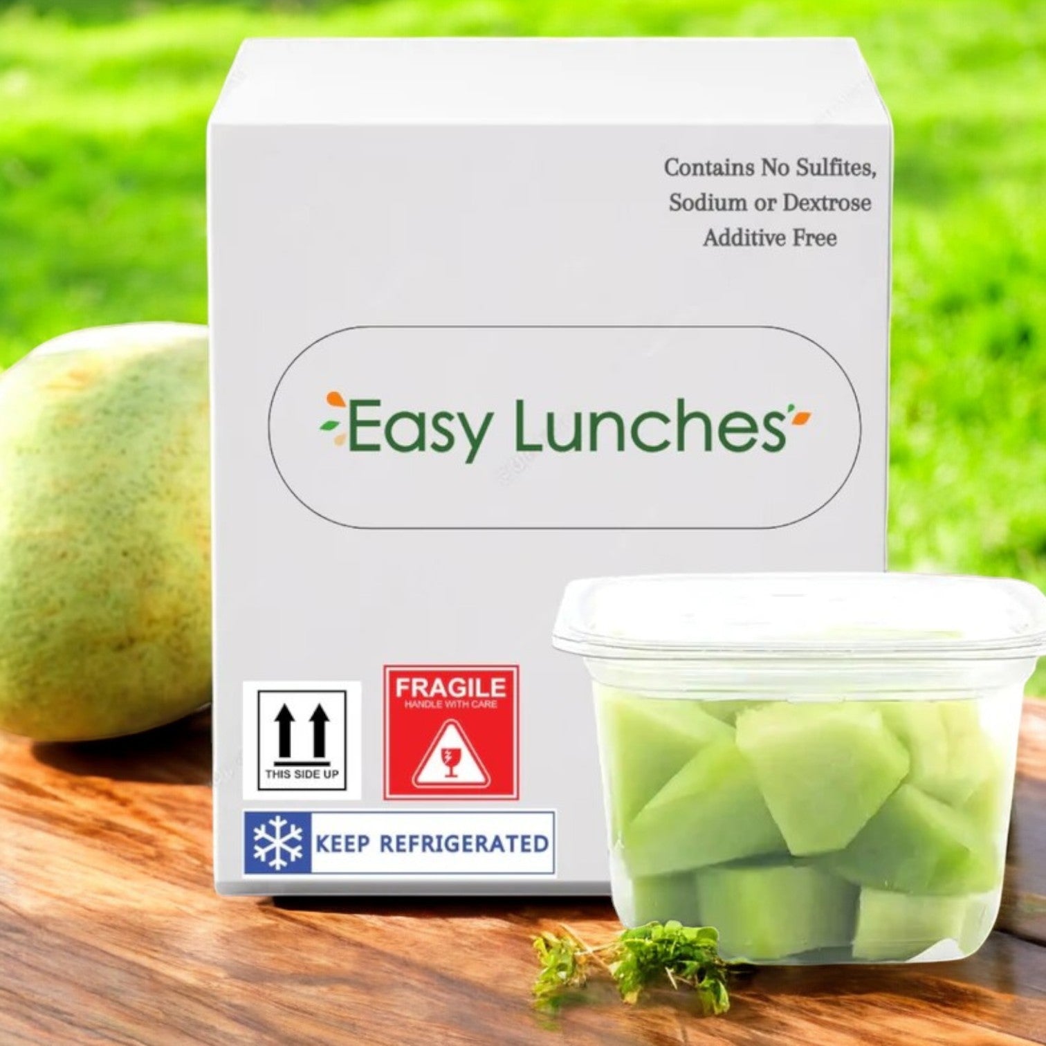 On a wooden surface sits a box labeled "Easy Lunches" containing a small plastic container of honeydew melon chunks against a grassy backdrop.