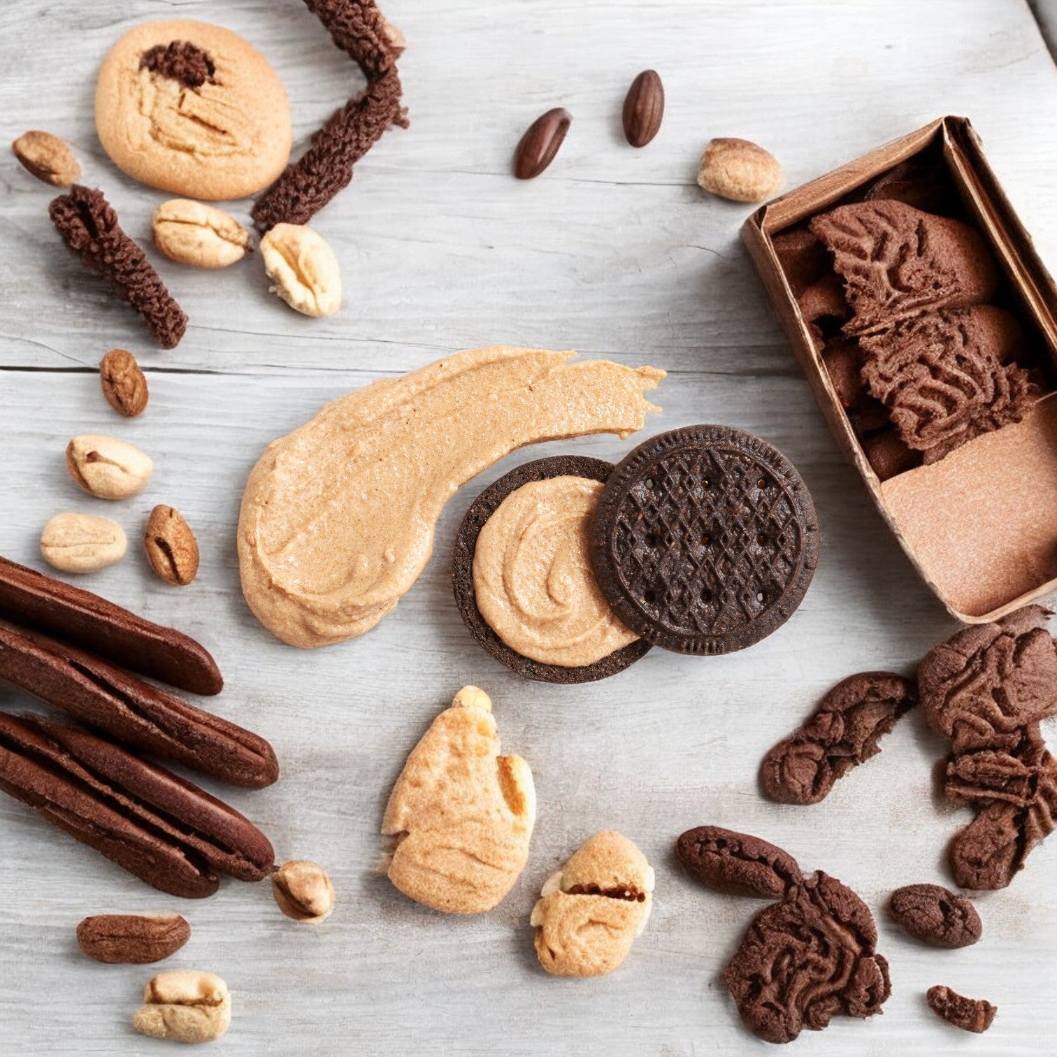 Simple Mills Nut Butter Stuffed Sandwich Cookies, Cocoa Cashew Creme are artfully arranged on a wooden surface with scattered nuts. Some cookies are in their 6.7 oz brown boxes while others are spread out, making for a delightful display of treats.