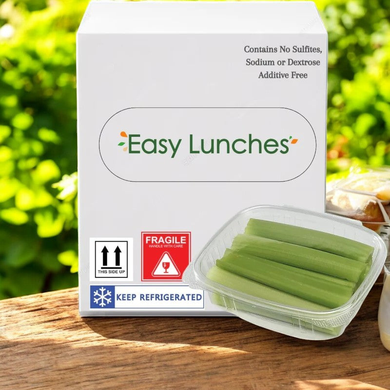 A box labeled "Easy Lunches" showcases 2.5 oz. celery sticks in a clear container. This snack is nutritious, low-calorie, and free from sulfites, sodium, dextrose, and additives. It includes handling and refrigeration labels with a 7-day shelf life upon receipt.