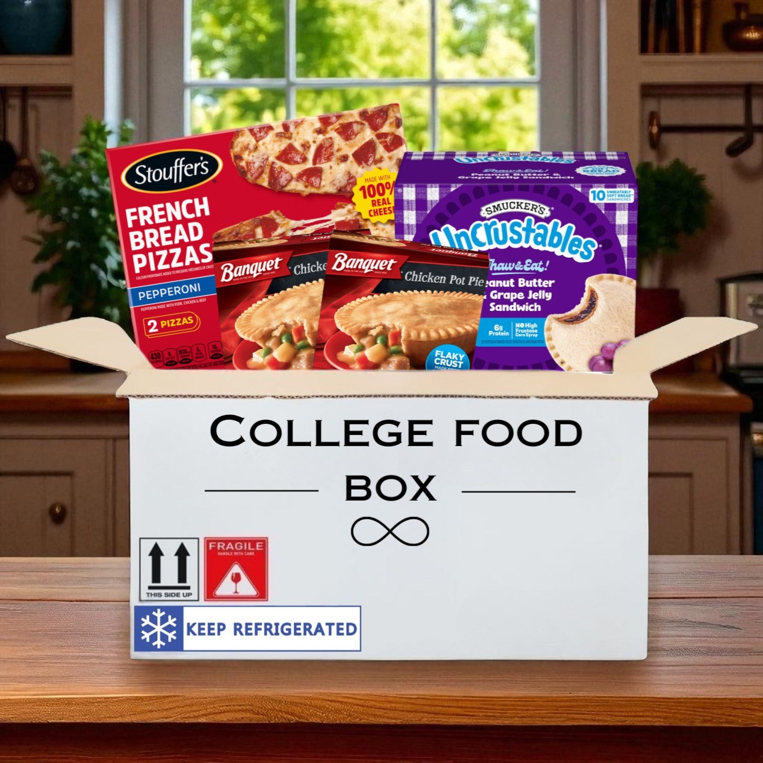 College Box Pack- 2 Banquet Chicken Pot Pies , 1 Smucker’s Uncrustables Peanut Butter & Grape Jelly Sandwiches (10 ct), 1 Stouffer’s Pepperoni French Bread Frozen Pizza (2 ct)