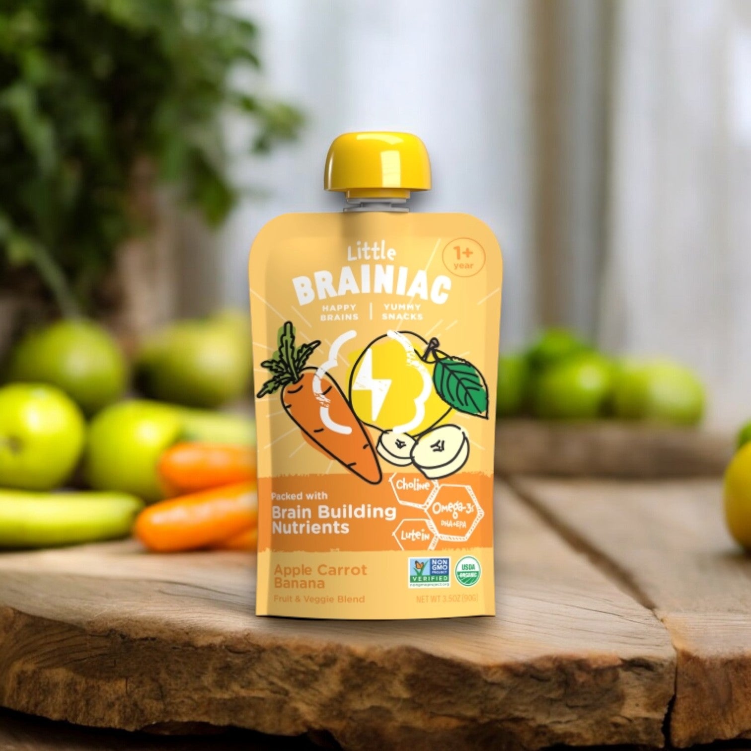 The nutrition label for Brainiac Brain Squeezers - Apple Banana Carrot flavor (3.2 oz, 1 Count) shows it contains ingredients such as apple, carrot, banana, fish oil, lemon juice, and citric acid. This snack is enriched with Omega-3s DHA/EPA to support brain health. Each serving provides 60 calories, includes 13g of sugars, 1g of fiber, and contributes 2% of the daily iron requirement.
