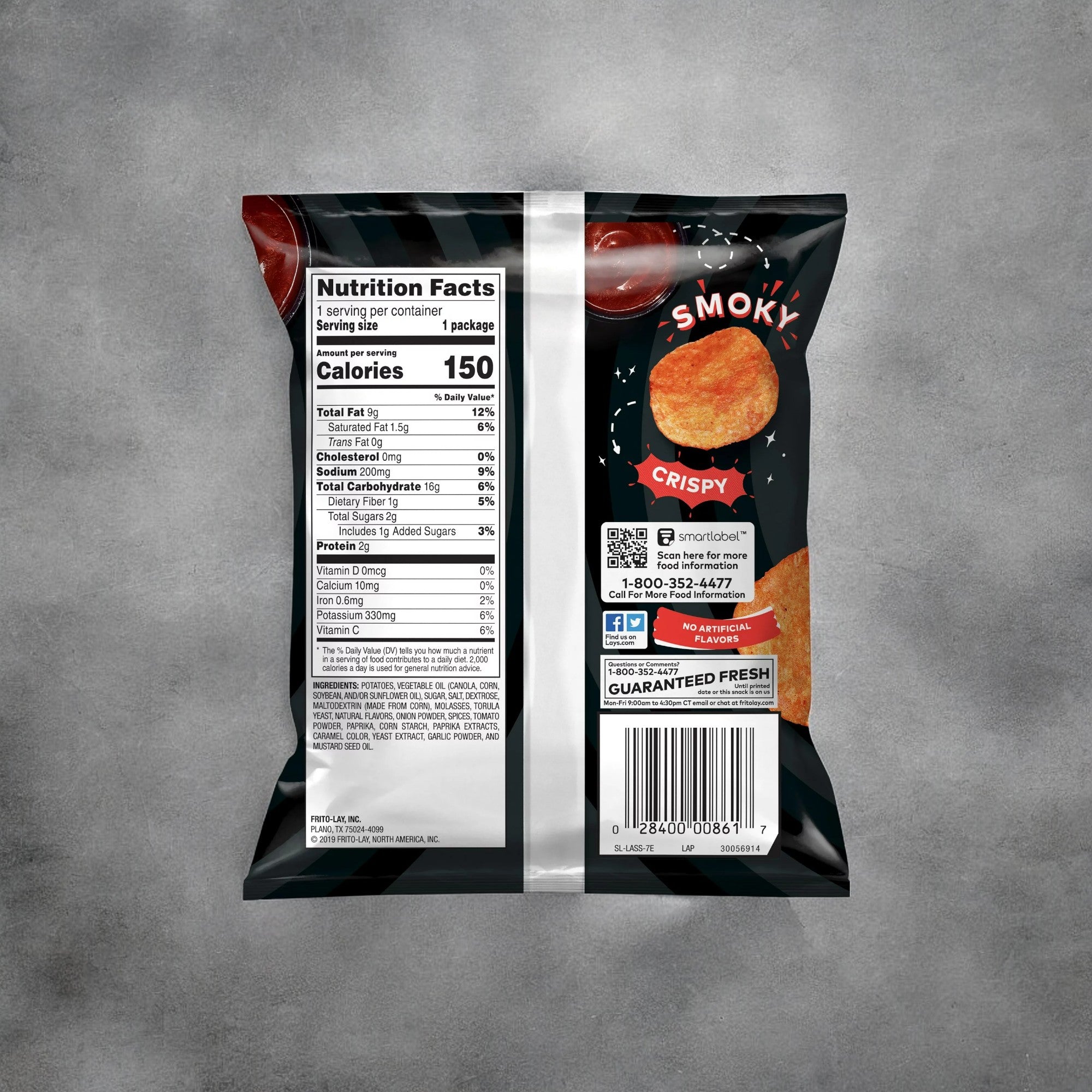 Back view of a snack bag displaying nutrition facts, barcodes, and contact information. Text highlights 'Crispy' and 'Smoky' flavors alongside an image of Lay's® Barbecue Flavored Potato Chips Snack Chips 1.5 oz from Frito Lay, emphasizing its shelf-stable snack quality.