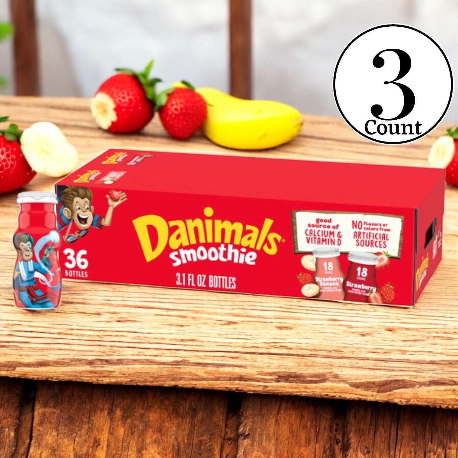 Dannon Danimals Smoothies Strawberry Variety Pack, 3.1 oz, 36 count, 3 Cases.