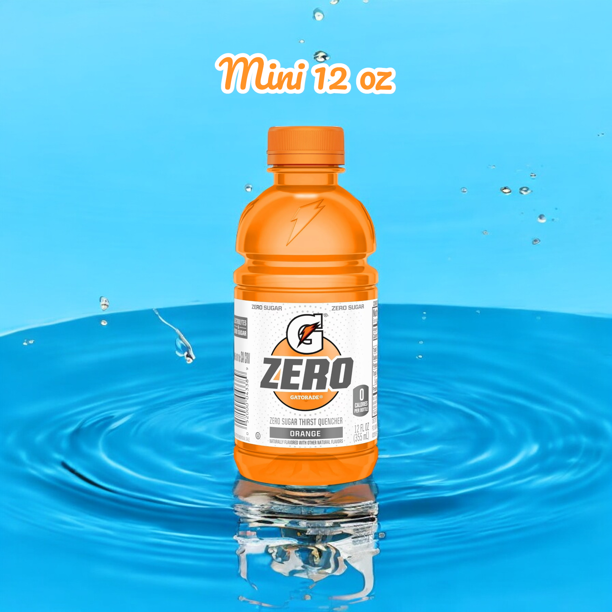 A 12 oz bottle of Gatorade Zero Sugar Thirst Quencher, Orange Sports Drinks - Mini is shown standing on a blue water surface with splashes around it. Text above reads "Mini 12 oz—Perfect for Hydration and Recovery.